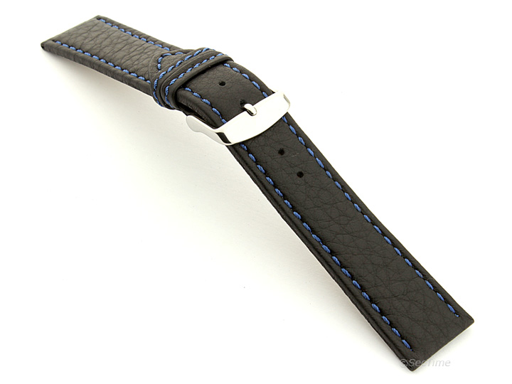 Leather Watch Band Black with Blue Stitching Kana 02