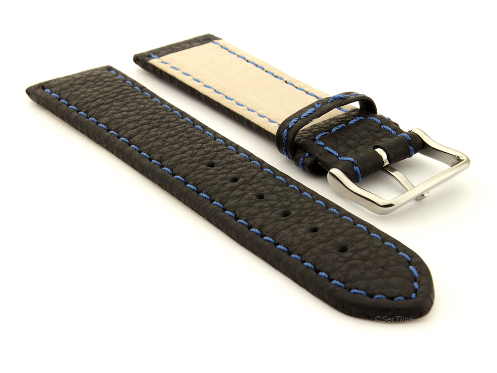 Leather Watch Band Black with Blue Stitching Kana 03