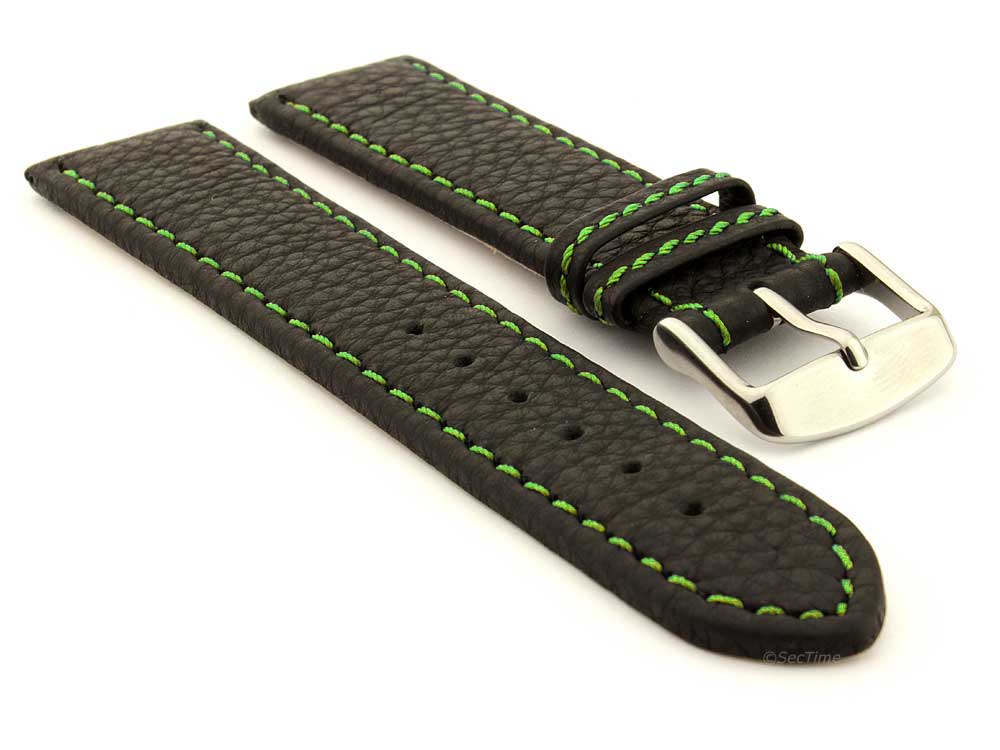 Leather Watch Band Black with Green Stitching Kana 01