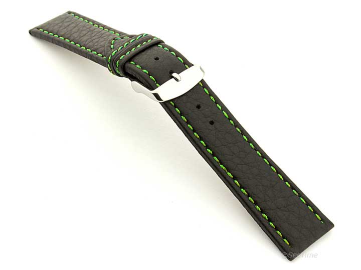 Leather Watch Band Black with Green Stitching Kana 02