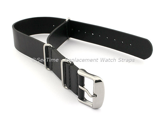 Leather NATO Watch Strap Band (3 rings) Black 24mm