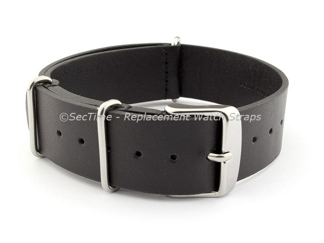 Leather NATO Watch Strap Band (3 rings) Black 18mm