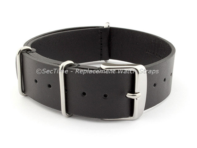 Leather NATO Watch Strap Band (3 rings) Black 20mm