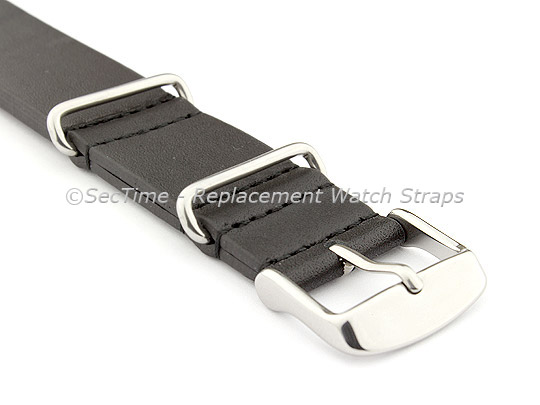Leather NATO Watch Strap Band (3 rings) Black 18mm