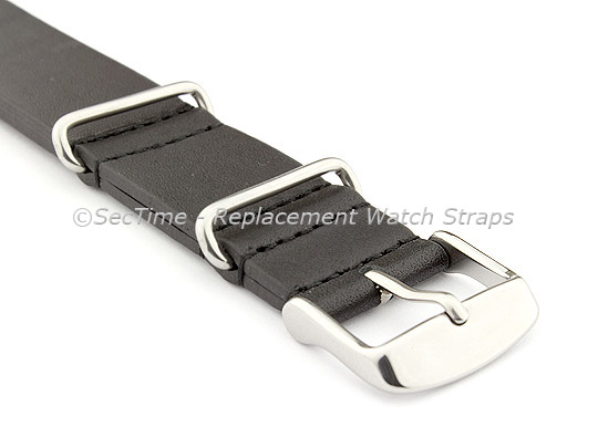 Leather NATO Watch Strap Band (3 rings) Black 20mm