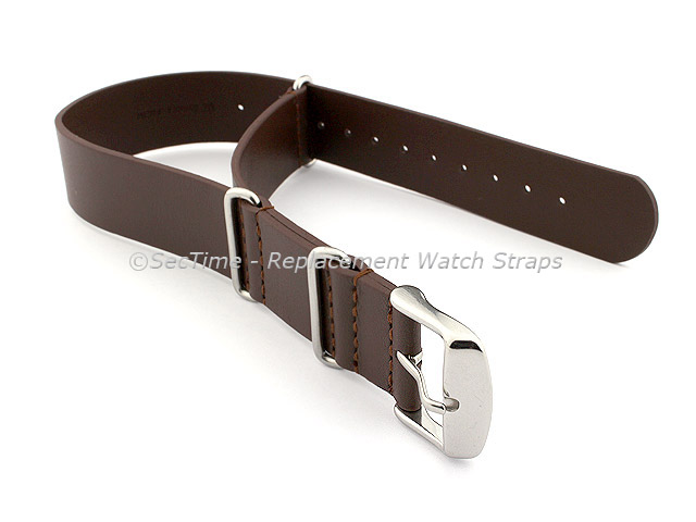 Leather NATO Watch Strap Band (3 rings) Dark Brown 20mm