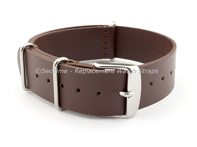 Leather NATO Watch Strap Band (3 rings) Dark Brown 22mm
