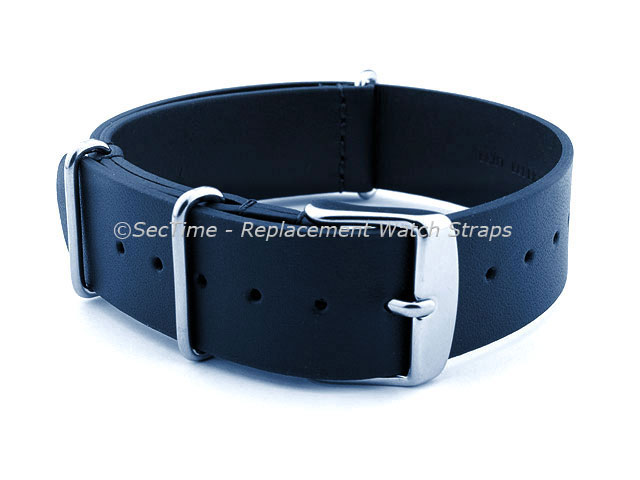 Leather NATO Watch Strap Band (3 rings) Navy Blue 18mm