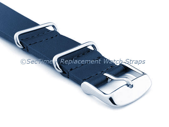 Leather NATO Watch Strap Band (3 rings) Navy Blue 18mm