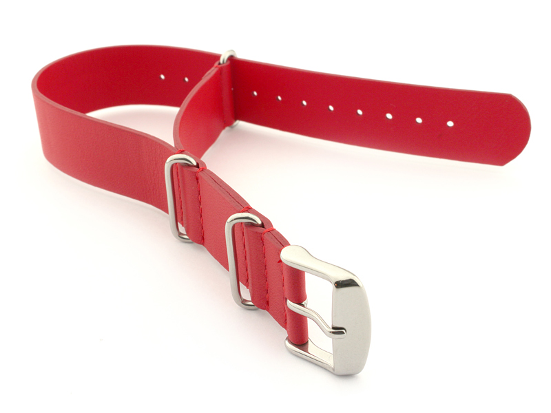 Leather NATO Watch Strap Band (3 rings) Red 18mm