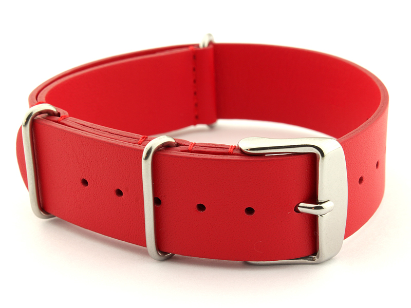 Leather NATO Watch Strap Band (3 rings) Red 24mm