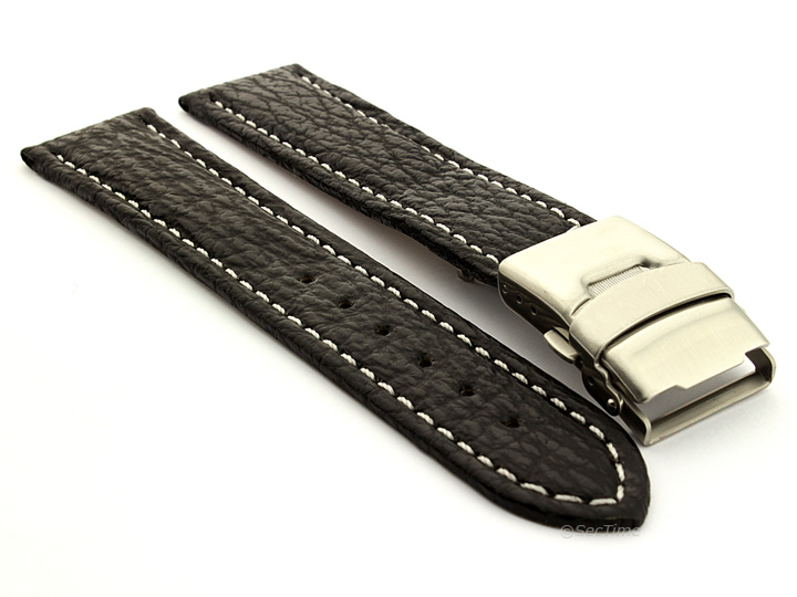 Genuine Shark Skin Watch Band with Deployment Clasp Black 01