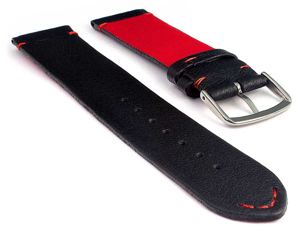 Genuine Leather Watch Strap Band Art Black/Red 02