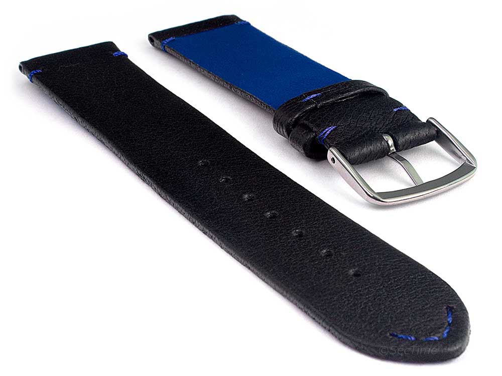 Genuine Leather Watch Strap Band Art Black/Blue 02