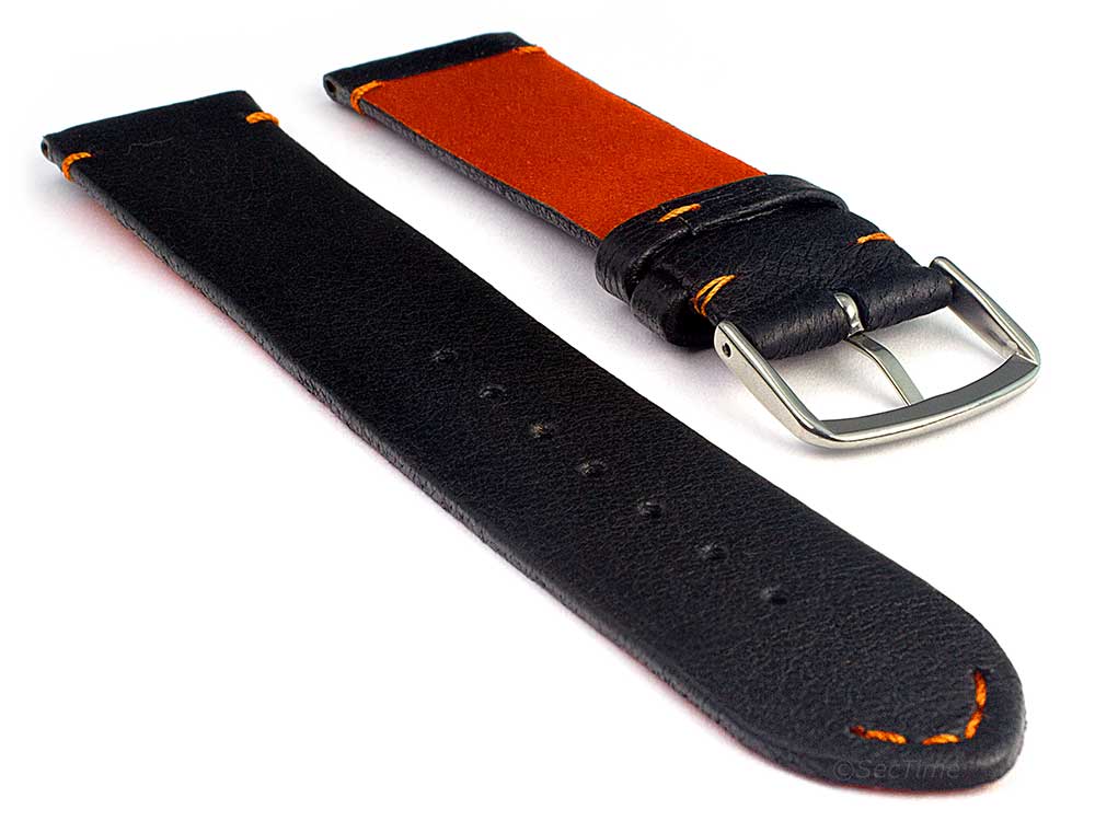 Genuine Leather Watch Strap Band Art Black/Orange 02