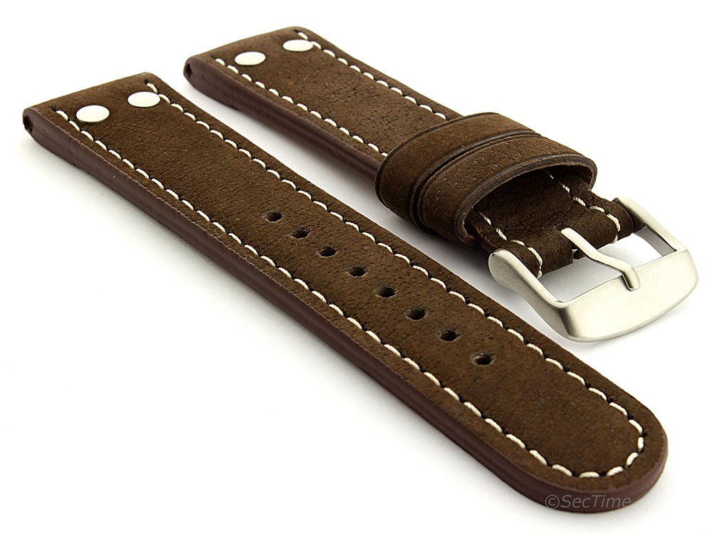 Extra Short Genuine Leather Watch Strap Band in Aviator Style Dark Brown 22mm
