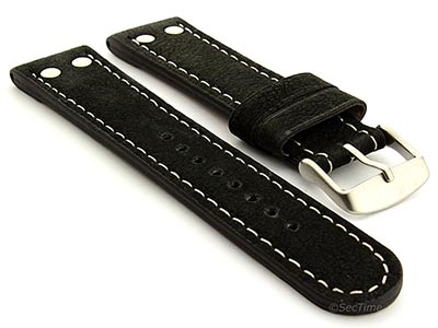 Extra Short Genuine Leather Watch Strap Band in Aviator Style Black 22mm