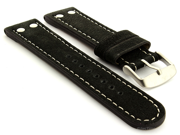 Riveted Suede Leather Watch Strap in Aviator Style Black 01