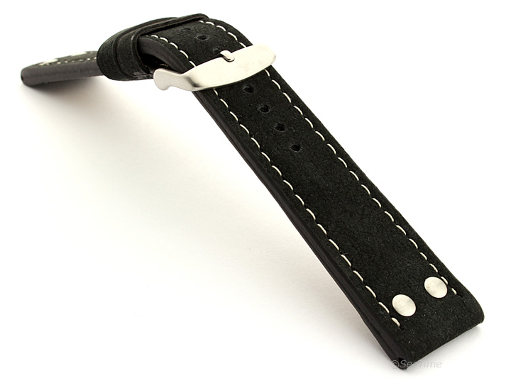 Riveted Suede Leather Watch Strap in Aviator Style Black 02