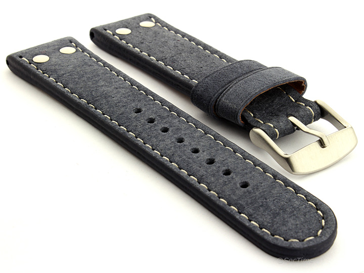 Riveted Suede Leather Watch Strap in Aviator Style Blue 01