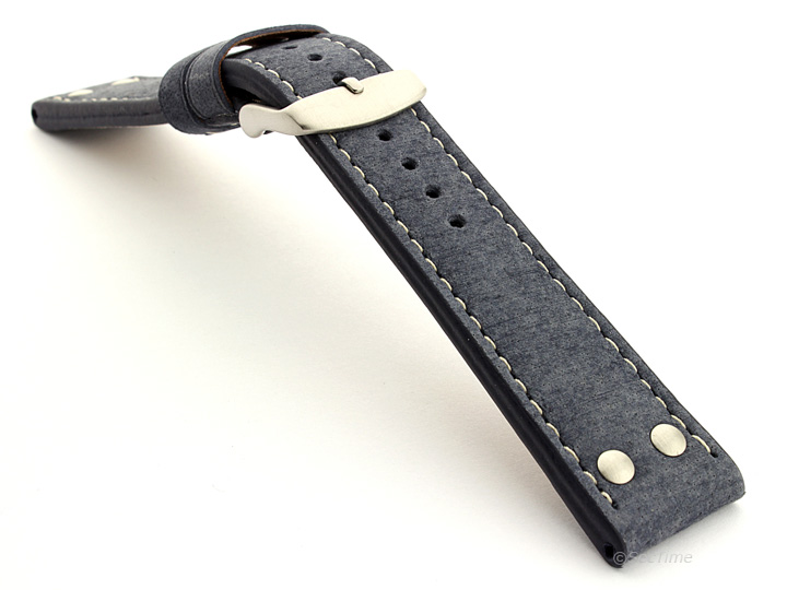 Riveted Suede Leather Watch Strap in Aviator Style Blue 02