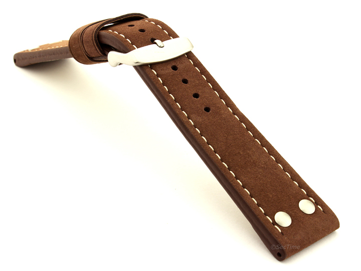 Riveted Suede Leather Watch Strap in Aviator Style Cocoa 02