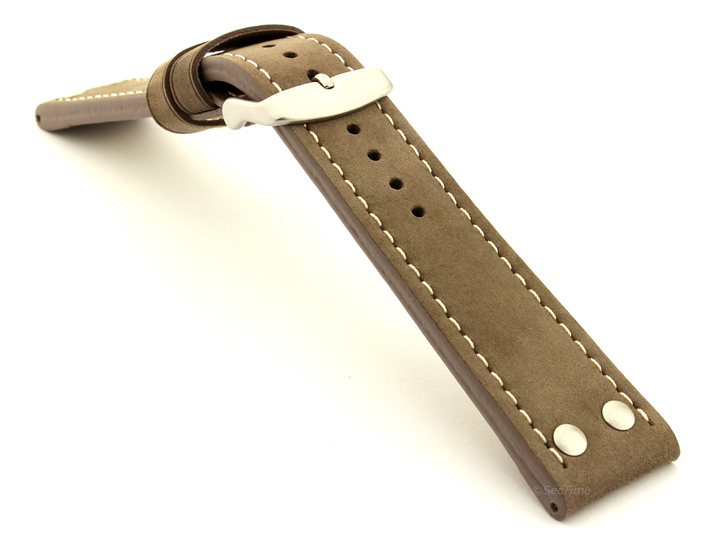 Riveted Suede Leather Watch Strap in Aviator Style Coyote Brown 02