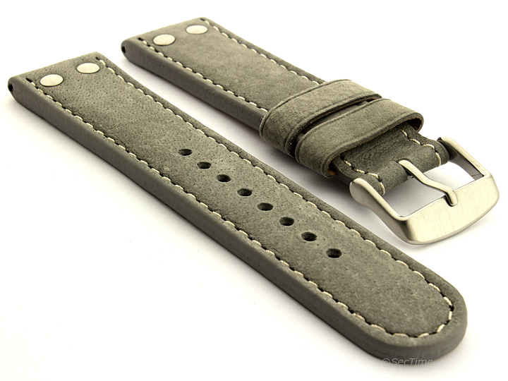 Riveted Suede Leather Watch Strap in Aviator Style Grey 01