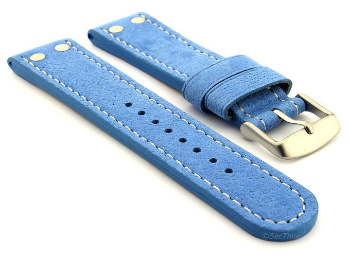 Riveted Suede Leather Watch Strap in Aviator Style Light Blue 01