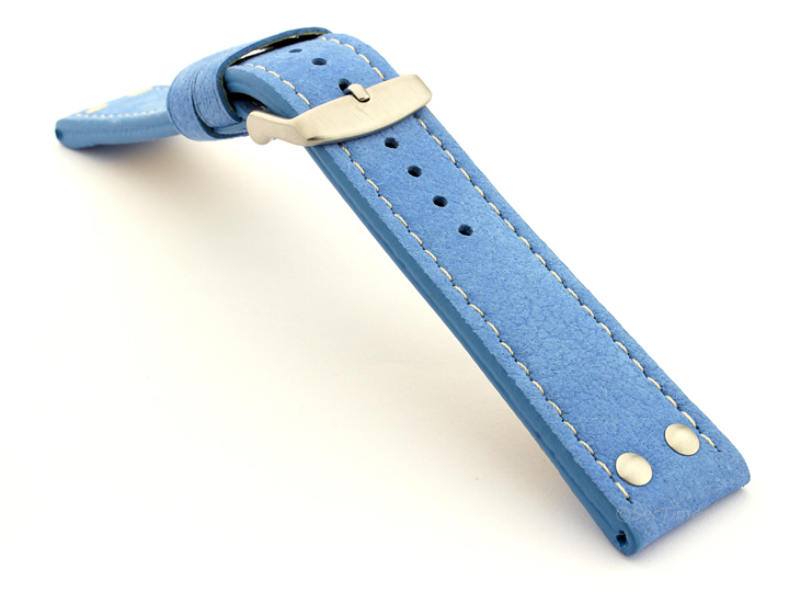 Riveted Suede Leather Watch Strap in Aviator Style Light Blue 02