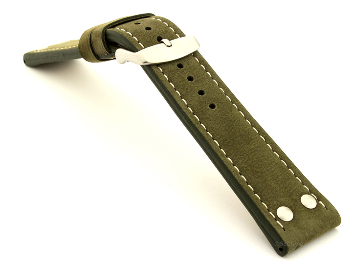 Riveted Suede Leather Watch Strap in Aviator Style Olive Green 02