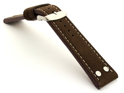 Riveted Suede Leather Watch Strap in Aviator Style Dark Brown 22mm
