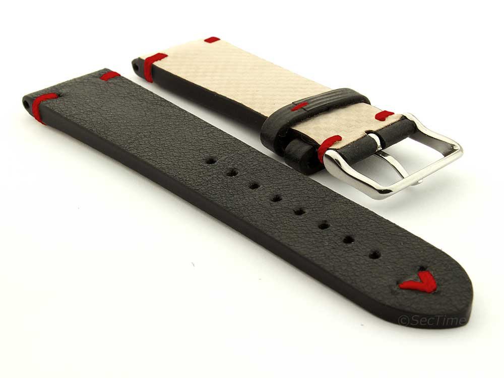 Extra Long Genuine Leather Vintage Style Watch Strap Blacksmith Black/Red 02