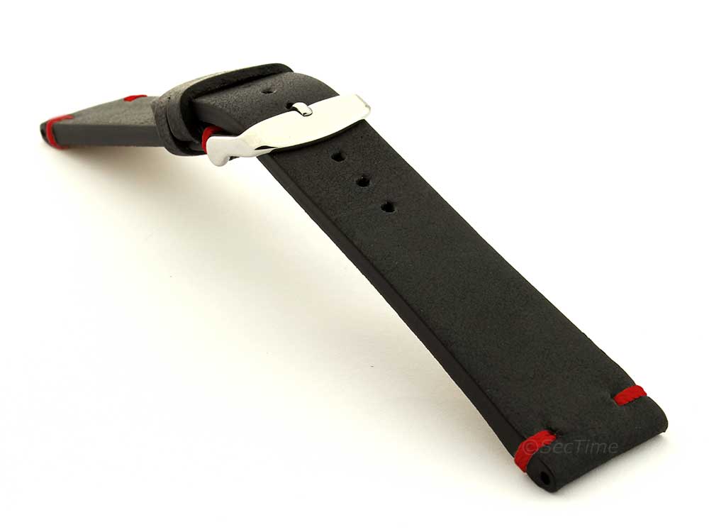 Extra Long Genuine Leather Vintage Style Watch Strap Blacksmith Black/Red 03