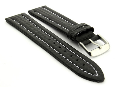 CARBON FIBRE EFFECT LEATHER WATCH STRAP WATERPROOF Black/White 20mm