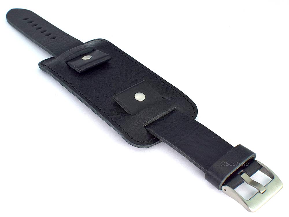 Genuine Leather Watch Strap Band with Cuff Crimea Black 22mm