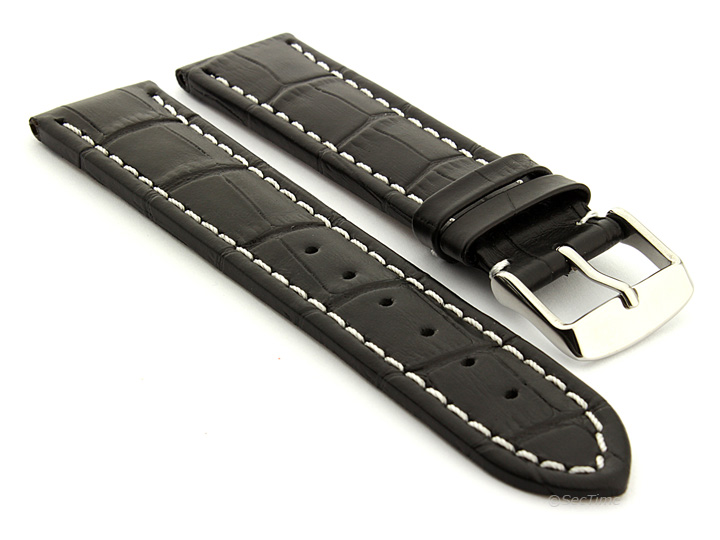 Extra Long Watch Strap Black with White Stitching Croco 01