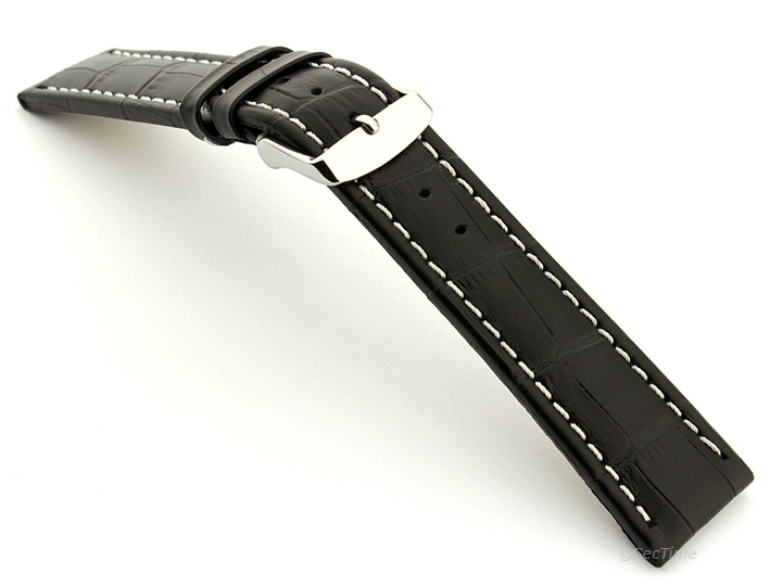 Extra Long Watch Strap Black with White Stitching Croco 02