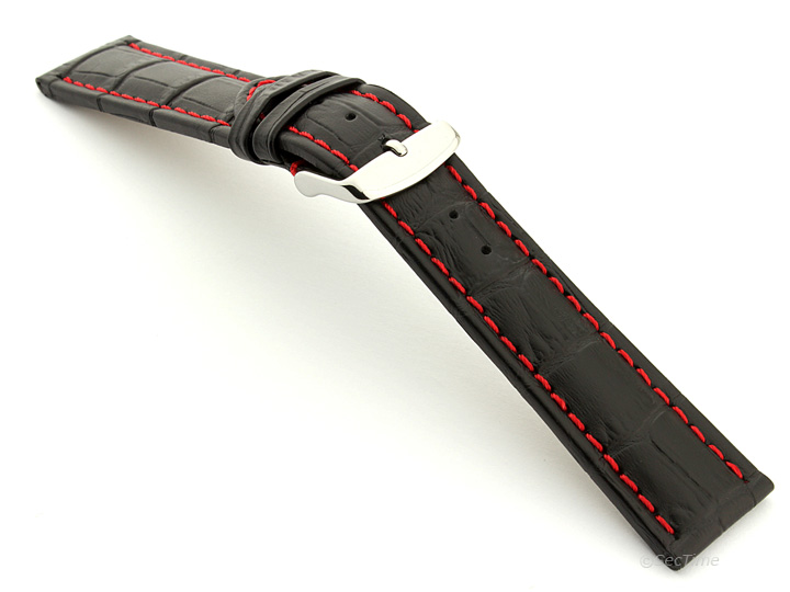 Extra Long Watch Strap Black with Red Stitching Croco 02