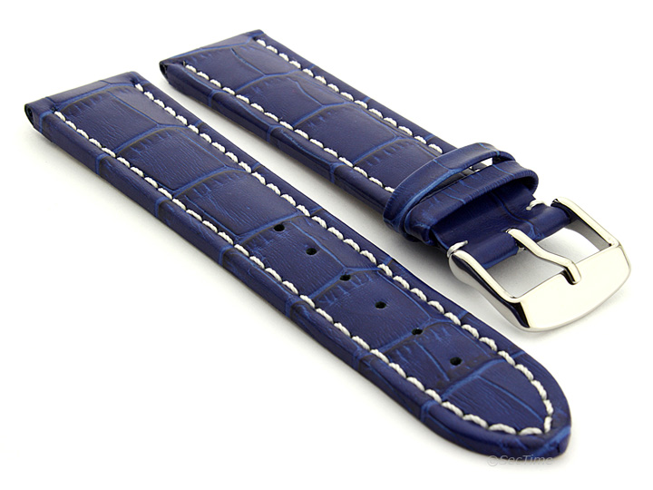 Extra Long Watch Strap Blue with White Stitching Croco 01