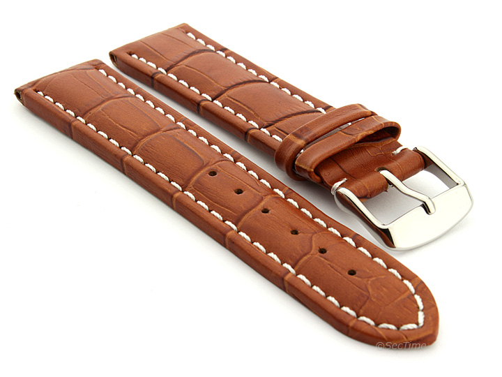 Extra Long Watch Strap Brown with White Stitching Croco 01