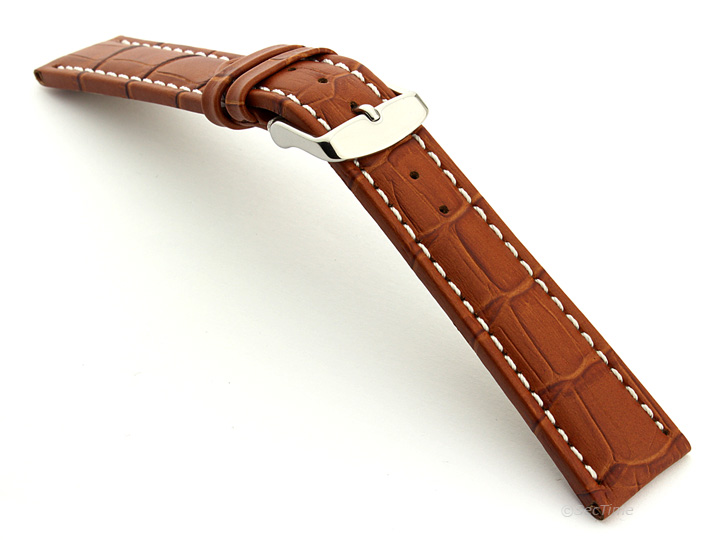 Extra Long Watch Strap Brown with White Stitching Croco 02