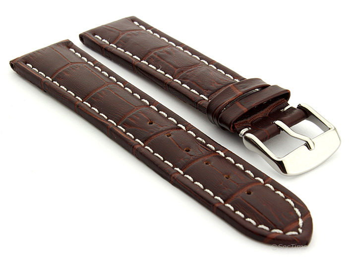 Extra Long Watch Strap Dark Brown with White Stitching Croco 01