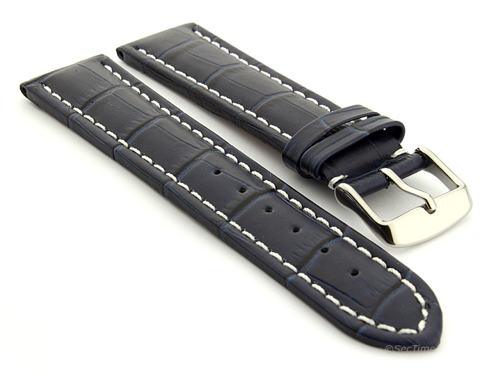 Extra Long Watch Strap Navy Blue with White Stitching Croco 01