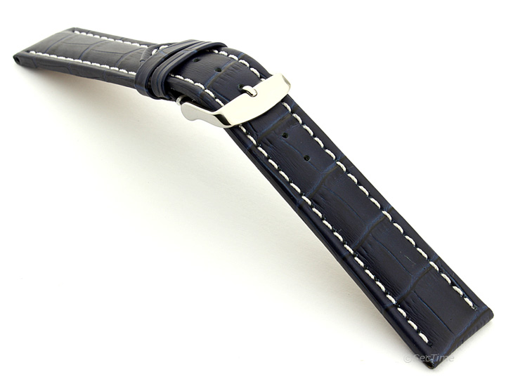 Extra Long Watch Strap Navy Blue with White Stitching Croco 02