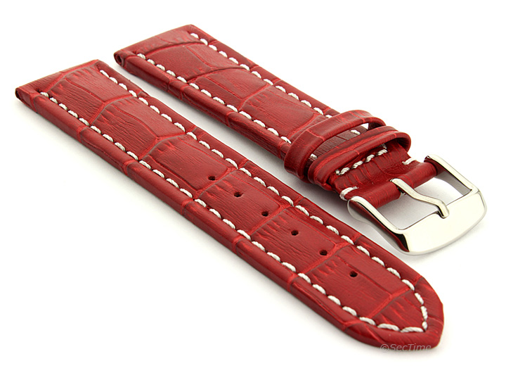 Extra Long Watch Strap Red with White Stitching Croco 01