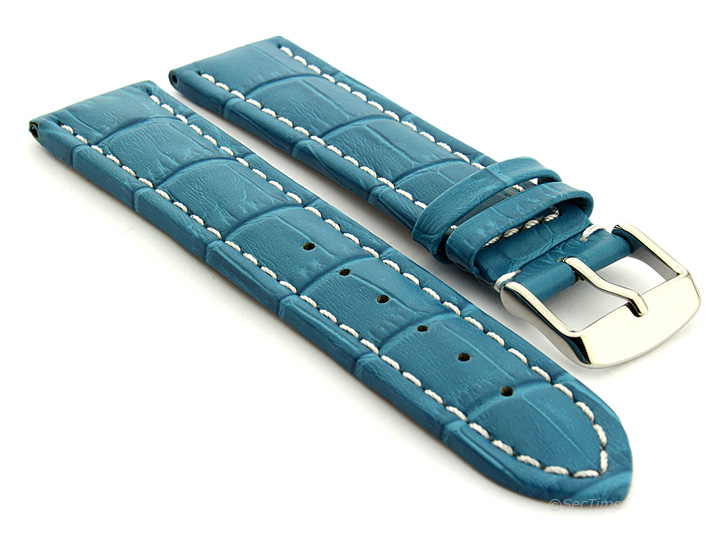 Extra Long Watch Strap Turquoise with White Stitching Croco 01