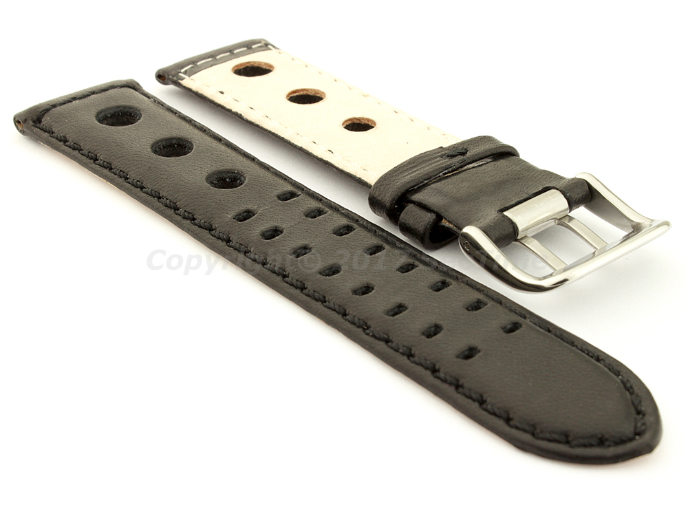Vegetable-tanned Genuine Leather Watch Strap in Rally Style Double-pin Buckle Black 02