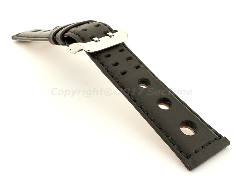 Vegetable-tanned Genuine Leather Watch Strap in Rally Style Double-pin Buckle Black 03