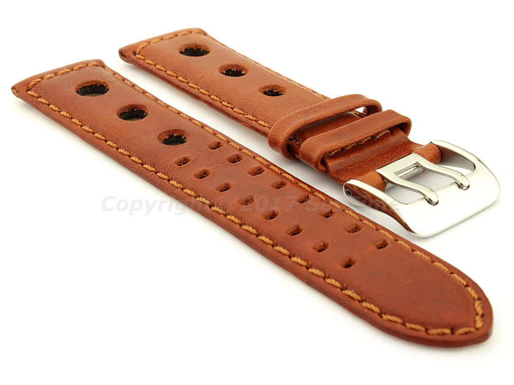 Vegetable-tanned Genuine Leather Watch Strap in Rally Style Double-pin Buckle Brown 01